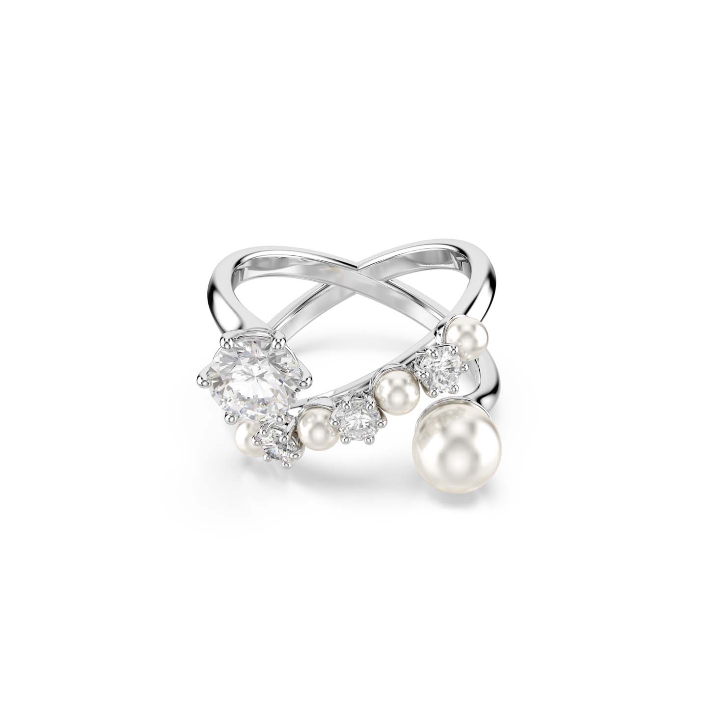 Anello cocktail Matrix, Crystal Pearl, Taglio Round, Bianco, Placcato rodio