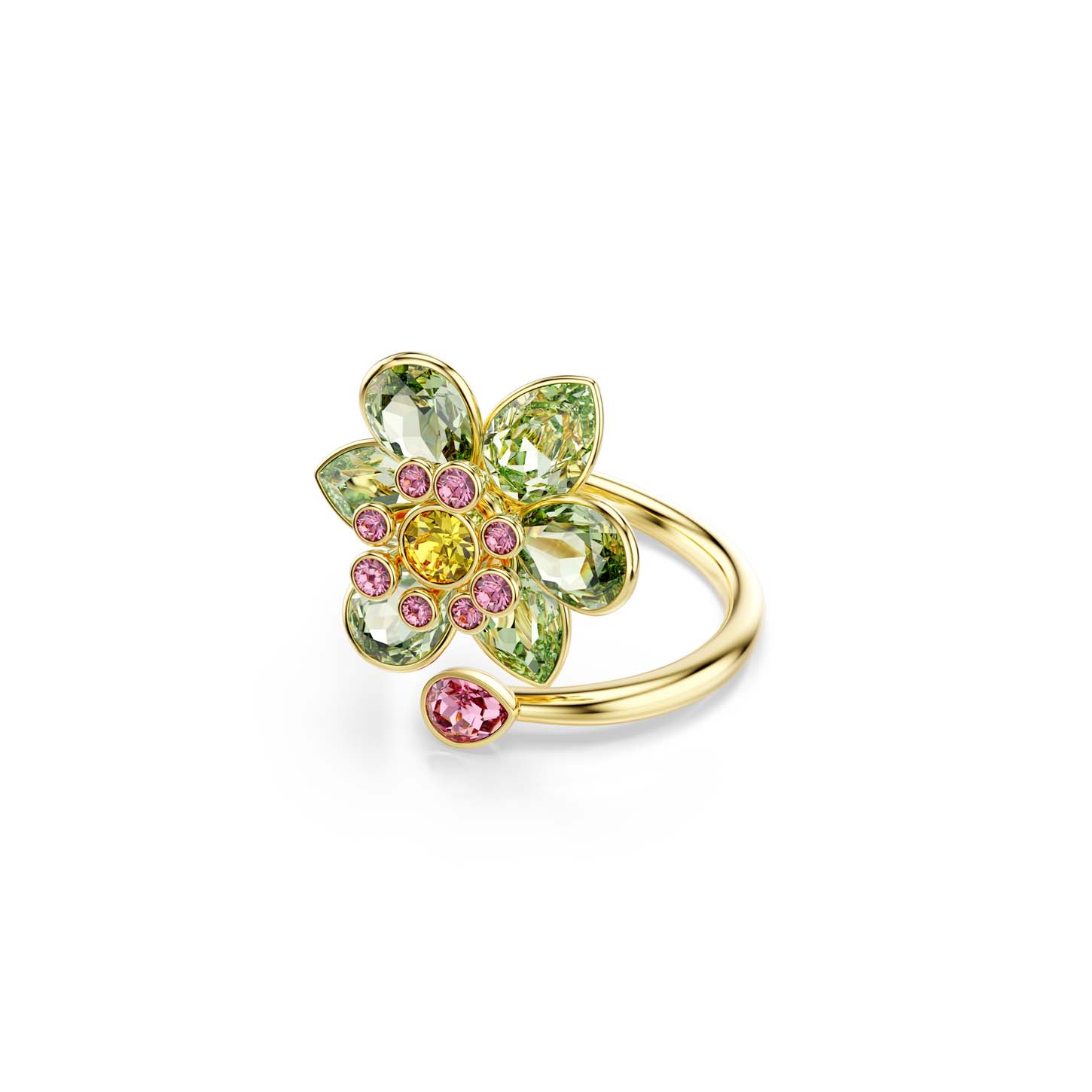 Anello aperto Idyllia, Taglio misto, Fiore, Verde, Placcato color oro, misura 55