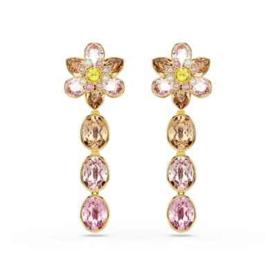 Orecchini pendenti Idyllia, Taglio misto, Fiore, Multicolore, Placcato color oro