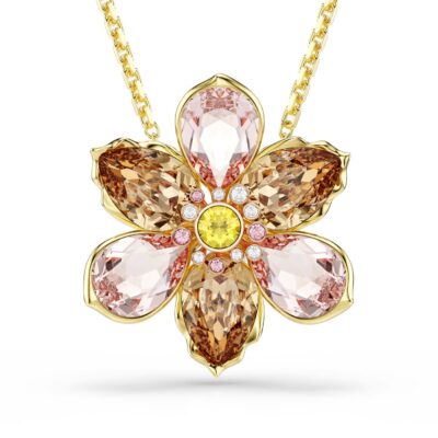 Pendente e spilla Idyllia, Taglio misto, Fiore, Multicolore, Placcato color oro