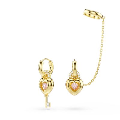 Orecchini pendenti con ear cuff Idyllia, Taglio misto, Cuore con chiave, Rosa, Placcato color oro