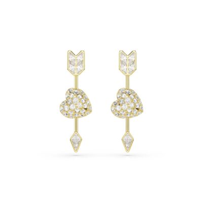 Orecchini pendenti Idyllia, Taglio misto, Cuore con freccia, Bianchi, Placcato color oro