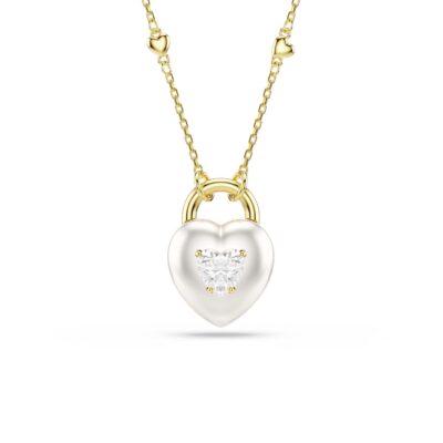 Pendente Idyllia, Taglio misto, Cuore, Bianco, Placcato color oro