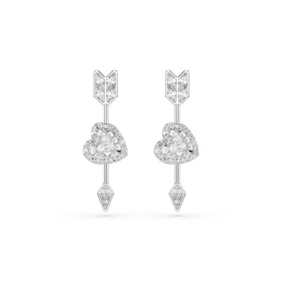 Orecchini pendenti Idyllia, Taglio misto, Cuore con freccia, Bianchi, Placcato rodio